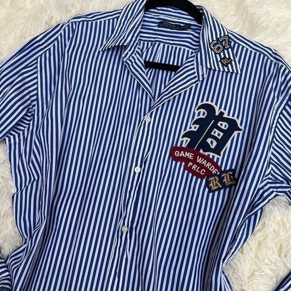 Polo by Ralph Lauren Striped Asymmetrical Shirt Dress with pockets and Patches - Picture 4 of 15